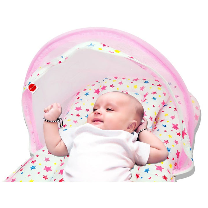 Baby Bed with Mosquito Net with Zip Closure & Neck Pillow (White & Pink)