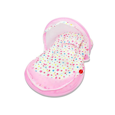 Baby Bed with Mosquito Net with Zip Closure & Neck Pillow (White & Pink)