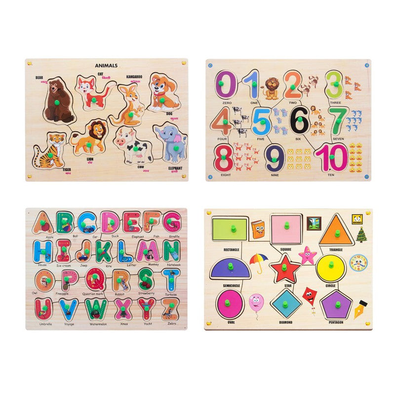 Wooden Knob Puzzles Alphabets, numbers, shapes, animals Pack of 4 - 53 Pieces