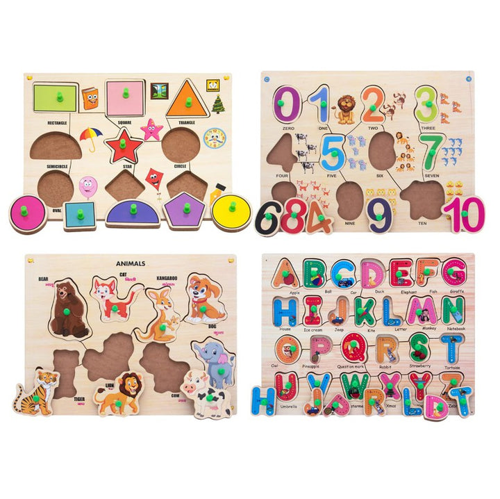 Wooden Knob Puzzles Alphabets, numbers, shapes, animals Pack of 4 - 53 Pieces