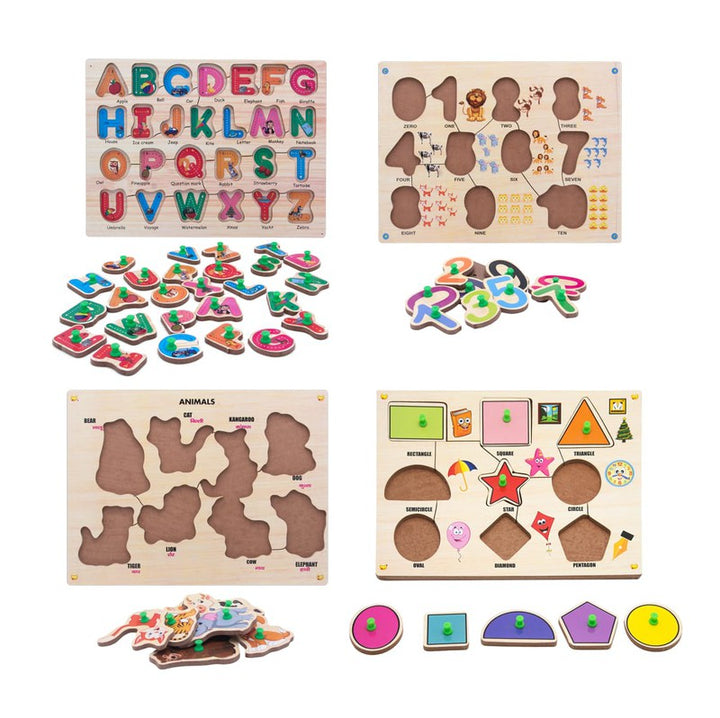 Wooden Knob Puzzles Alphabets, numbers, shapes, animals Pack of 4 - 53 Pieces