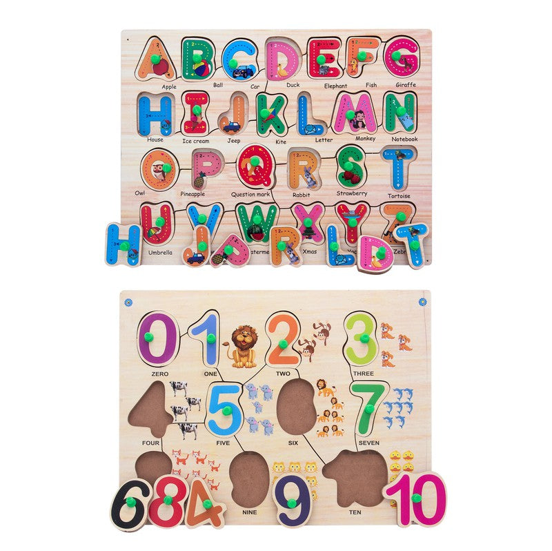 Wooden Alphabtes & Numbers Knob Puzzles Multicolour - 39 Pieces