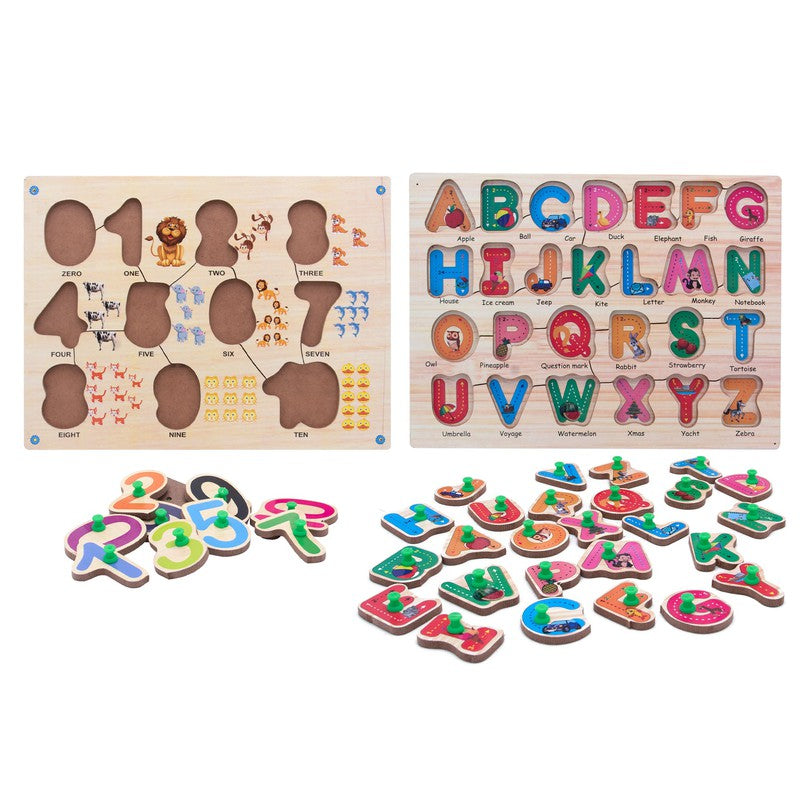 Wooden Alphabtes & Numbers Knob Puzzles Multicolour - 39 Pieces