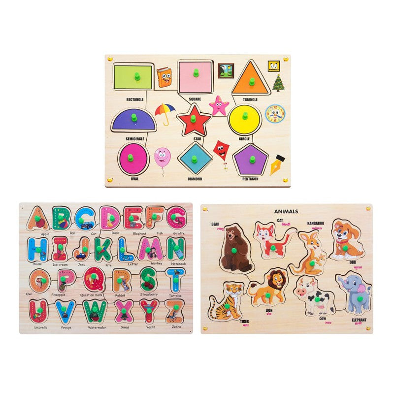 Wooden Animals, Alphabets, Shapes Puzzle with Knobs Educational and Learning Toy for Kids