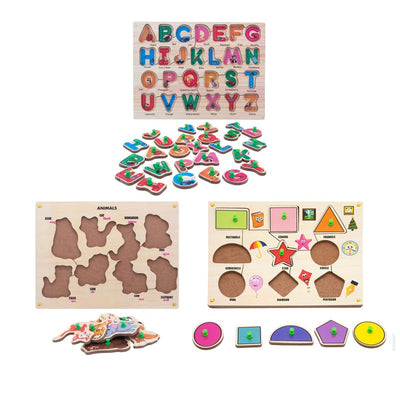 Wooden Animals, Alphabets, Shapes Puzzle with Knobs Educational and Learning Toy for Kids