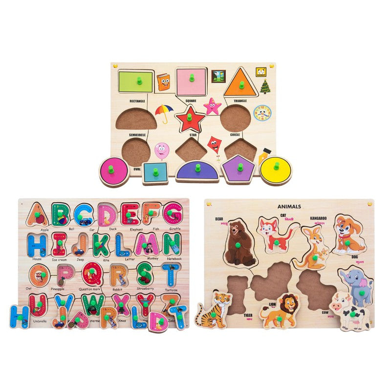 Wooden Animals, Alphabets, Shapes Puzzle with Knobs Educational and Learning Toy for Kids