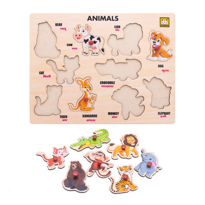 Wooden Animals Puzzle with Knobs Educational and Learning Toy Multicolour - 10 Pieces
