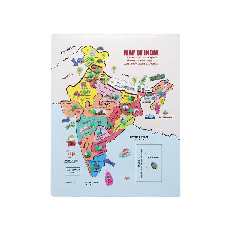 India Map Wooden Knob & Peg Puzzle - 18 Pieces