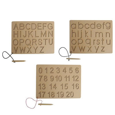 Alphabet Wooden Tracing Boards Uppercase Lowercase & Numbers Wooden Montessori Learning Skills Practice - Brown