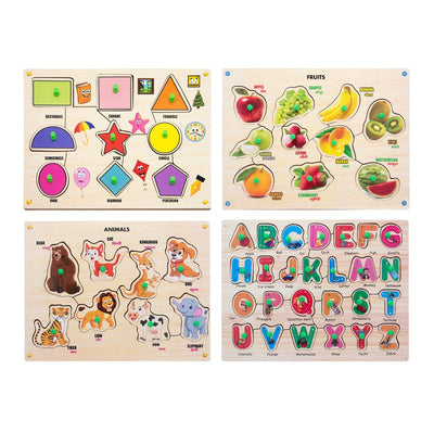 Wooden Puzzle with Knobs Educational and Learning Toy Shapes Fruit Animal & Alphabet - 53 Pieces