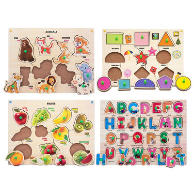 Wooden Puzzle with Knobs Educational and Learning Toy Shapes Fruit Animal & Alphabet - 53 Pieces