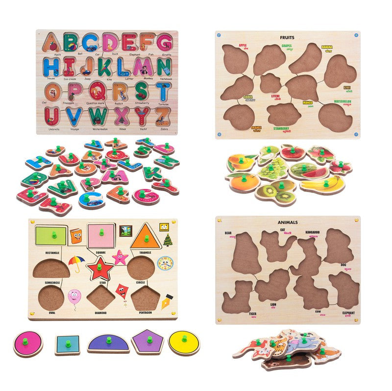 Wooden Puzzle with Knobs Educational and Learning Toy Shapes Fruit Animal & Alphabet - 53 Pieces