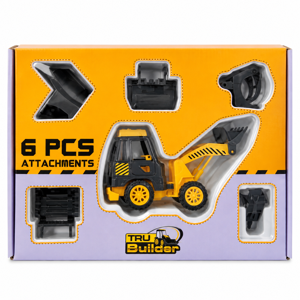 Truzo Tru Builder Construction Loader Toy | Pull-Back Body Vehicle with 6 Attachments