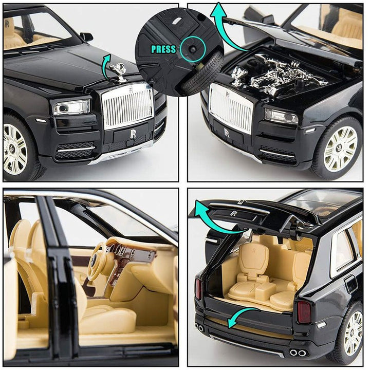 Resembling 1:24 Scale Die Cast Rolls Royce Metal Car Toy With Light and Sound for Kid (Black)