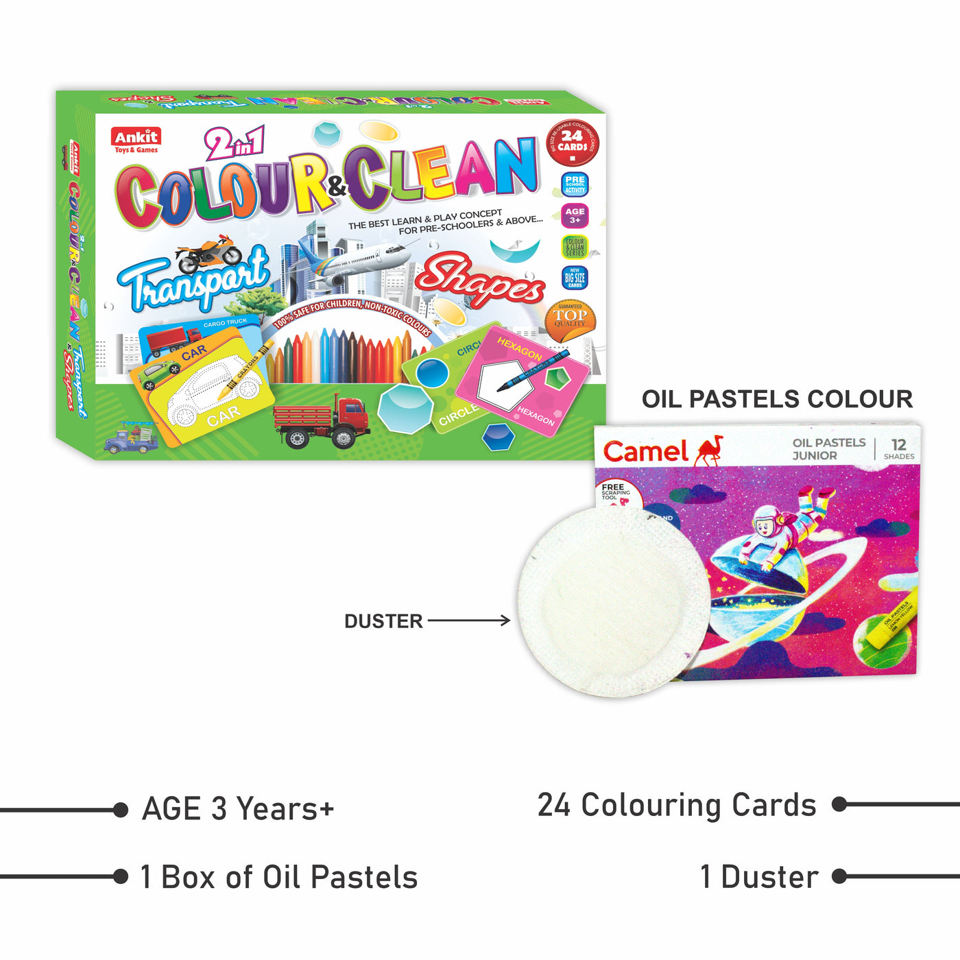 2 in 1 Colour & Clean (Transports + Shapes) - Coloring Cards