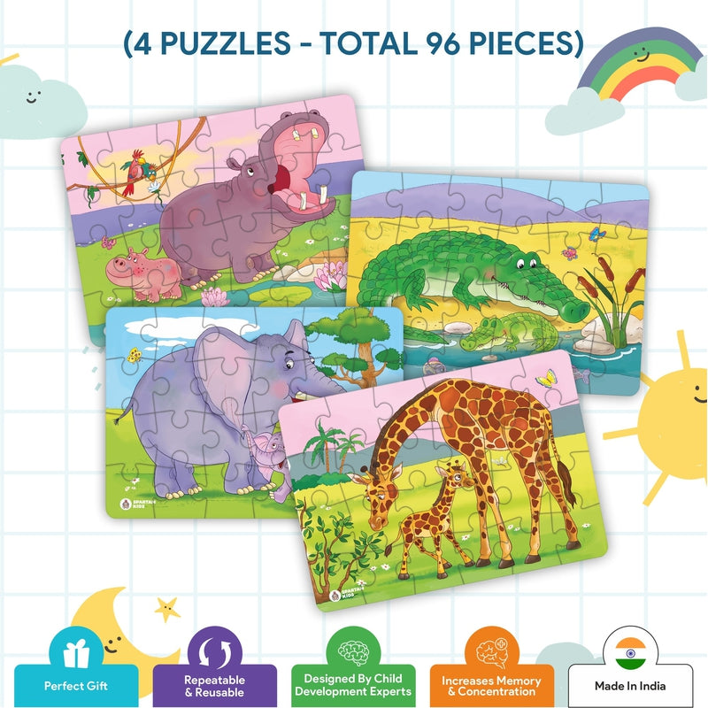 Animals & Their Babies of The World Puzzle for Kids (Set of 4) - 96 Puzzle Pieces