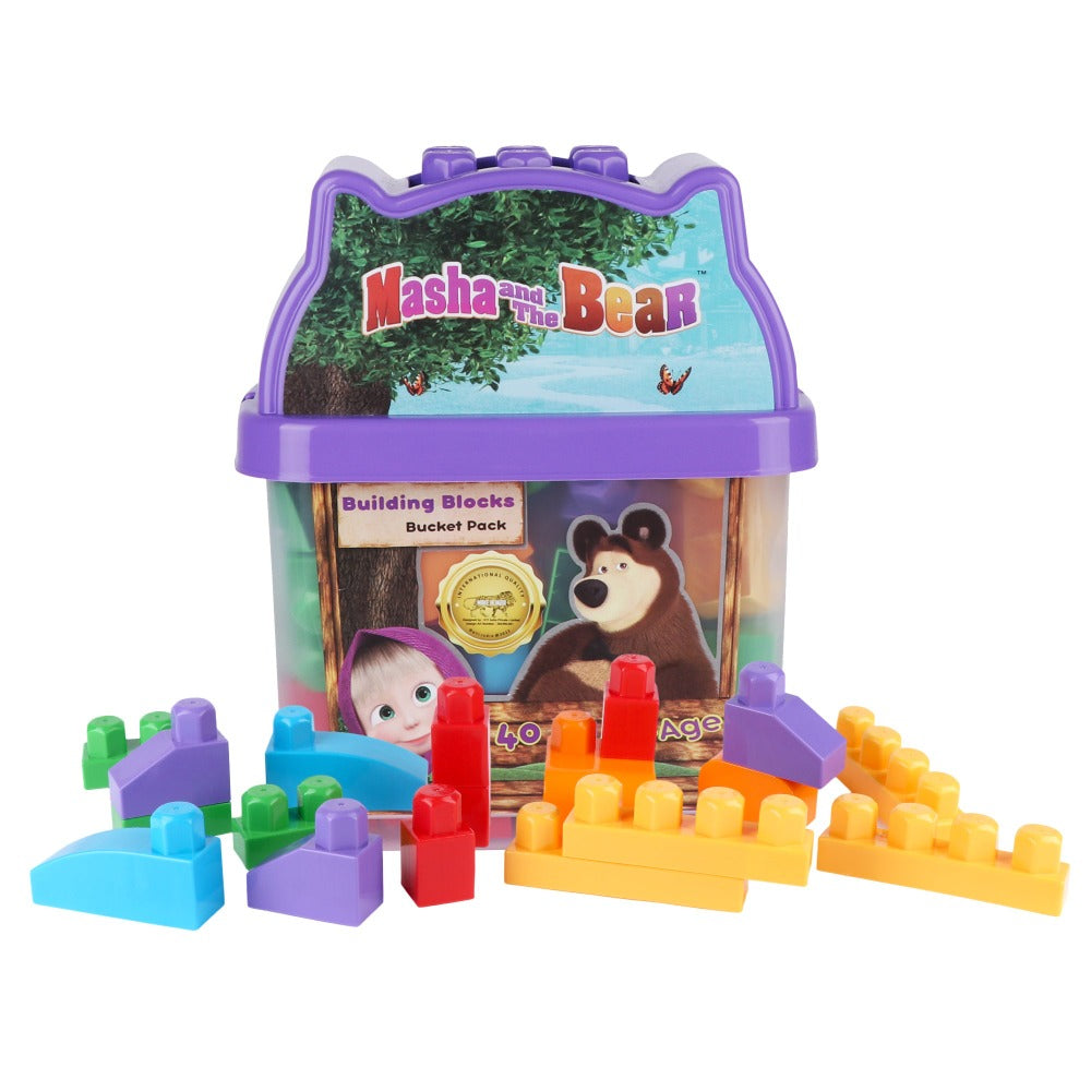 Masha & Bear Building Blocks Game Set - Bucket(I) 40 Pieces (Educational Interlocking Construction Blocks)