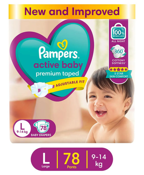 Pampers (Size L) Active Baby Taped Diapers | 78 Pieces | Custom Fit