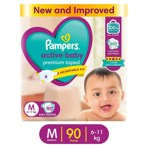 Pampers Active Baby Taped Diapers - M Size | 90 Counts (6-11 kg)