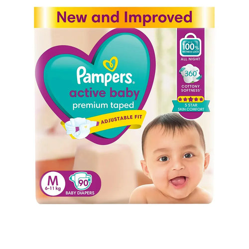 Pampers Active Baby Taped Diapers - M Size | 90 Counts (6-11 kg)