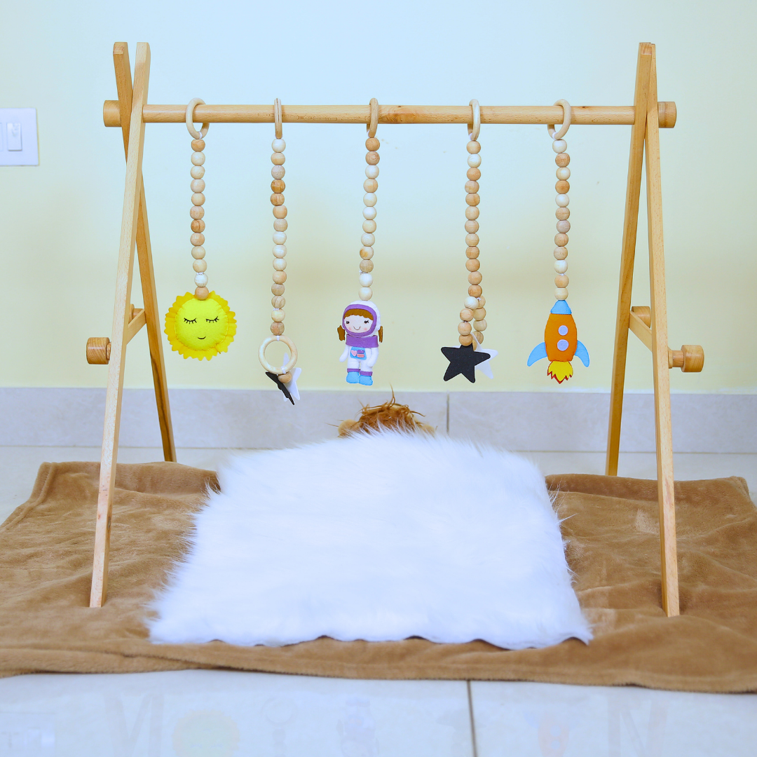 Wooden Play Frame for rattles with 5 Space Theme Rattles