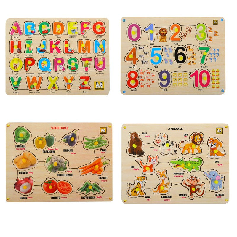 Wooden Puzzle With Knobs Alphabets, Numbers, Vegetables, Animals - Multicolour