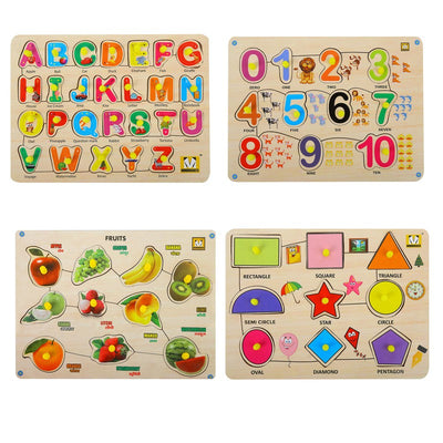 Wooden Puzzle with Knobs Alphabets, Numbers Fruits, Shapes - Multicolour