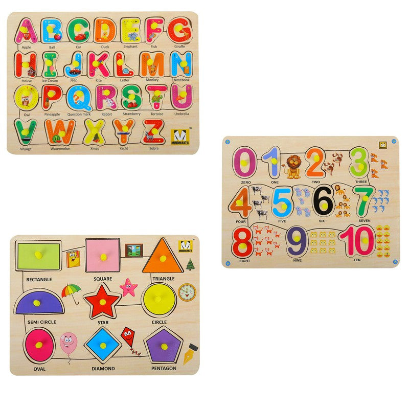 Wooden Puzzle with Knobs Educational and Learning Toy for Kids (Alphabets Numbers Shapes)