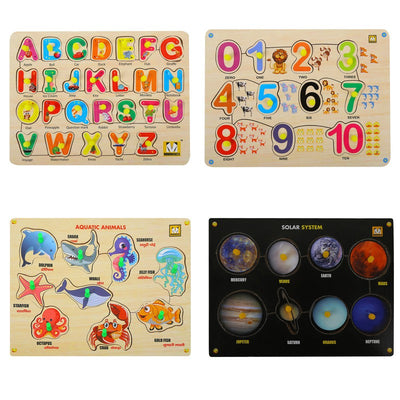 Wooden Puzzle with Knobs Alphabets, Numbers, Solar System, Aquatic Animals Multicolour - 54 Pieces