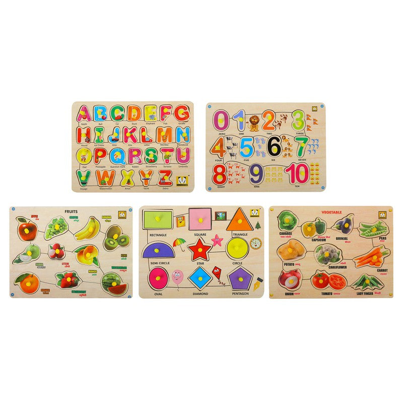 Wooden Learning Puzzle with Knobs- Alphabets, Numbers, Shapes, Fruits & Vegetables (2-5 Years)