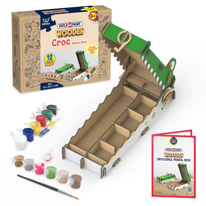 DIY Animal Themed Crocodile Wooden Pencil Box for Kids