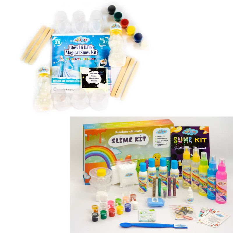 69 Pieces Ultimate DIY Combo of Snow and Slime Kit (Rainbow Slime Kit and Glow in Dark Magical Snow Kit) Combo Pack of 2