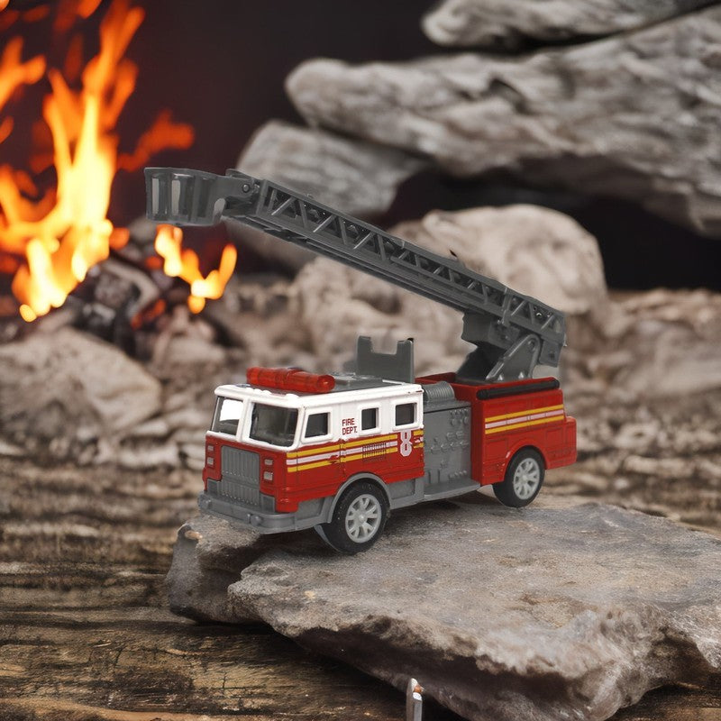 Die cast Metal Fire Brigade Truck | Stretchable Ladder & Push Back Function | Multicolour