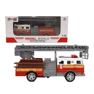 Die cast Metal Fire Brigade Truck | Stretchable Ladder & Push Back Function | Multicolour