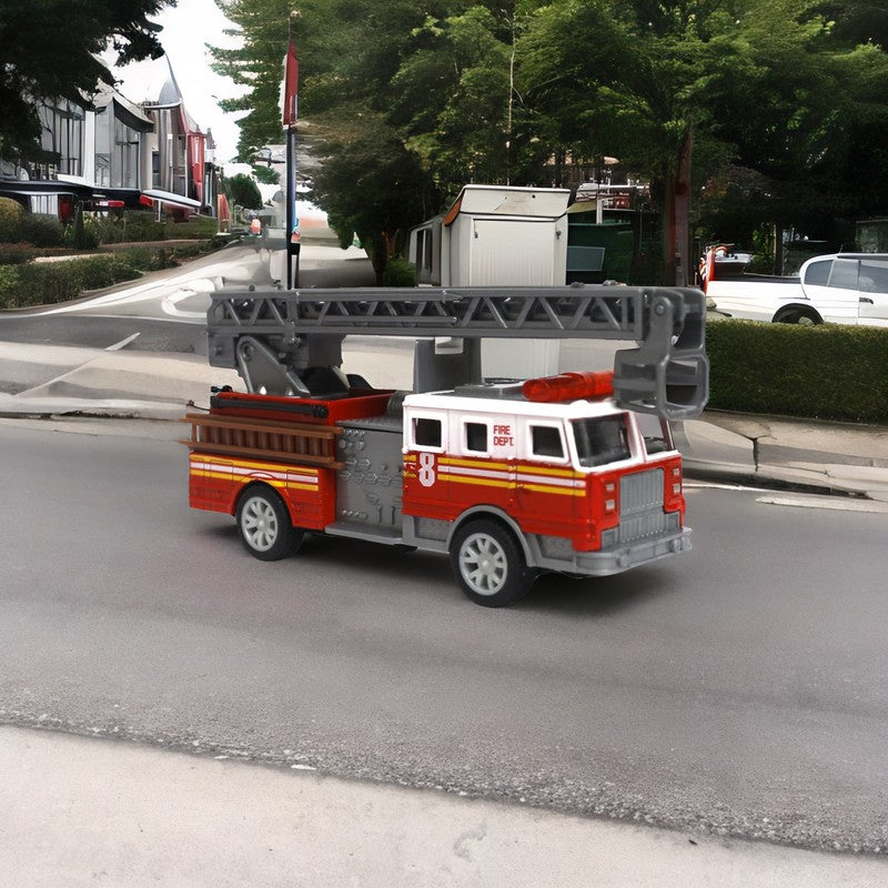 Die cast Metal Fire Brigade Truck | Stretchable Ladder & Push Back Function | Multicolour