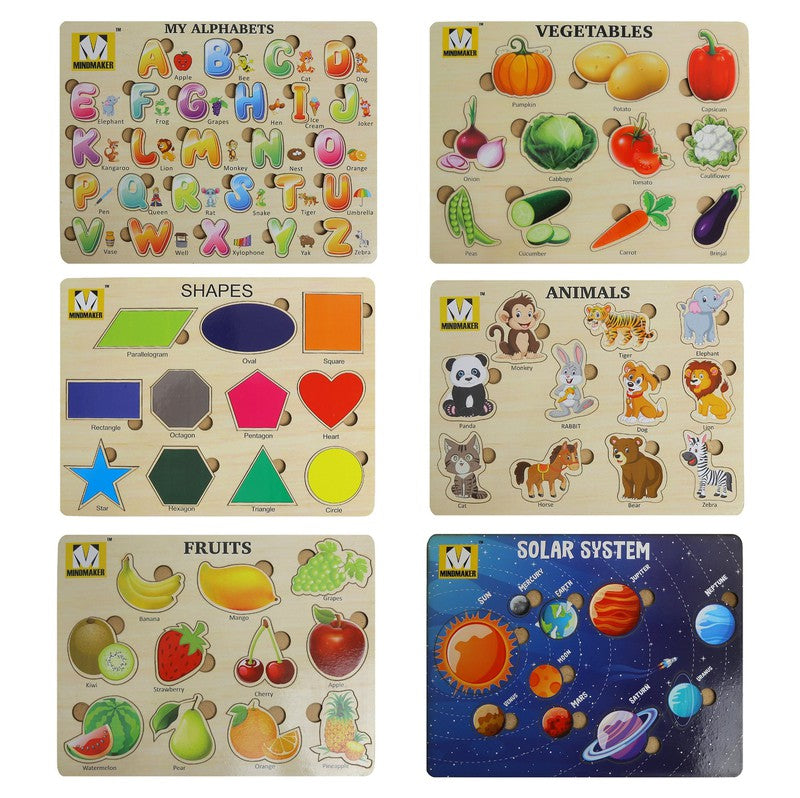 Wooden Puzzles Educational and Learning Toy Pack of 6 Multicolour - 89 Pieces