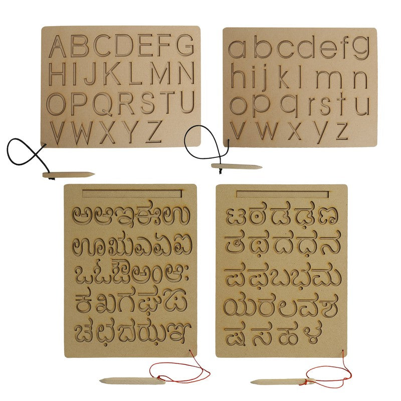 Wooden Tracing Boards Capital Alphabets Small Alphabets Kannada Vowel and Consonants Wooden Montessori Learning Skills Practice Brown - 4 Pieces