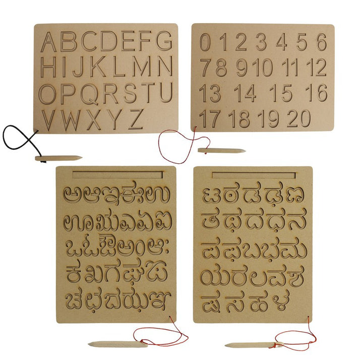 Wooden Tracing Boards Capital Alphabets Numbers Kannada Vowel and Consonants Wooden Montessori Learning Skills Practice Brown - 4 Pieces