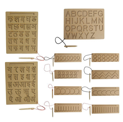 Wooden Tracing Boards Capital Alphabets Hindi Vowel and Consonants and Patterns Writing Wooden Montessori Learning Skills Practice - Brown