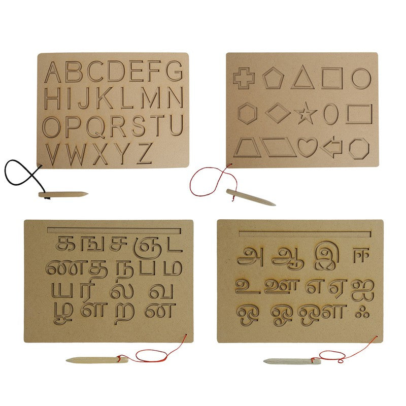 Wooden Tracing Boards Capital Alphabets, Shapes, Tamil Vowel and Consonants Wooden Montessori Learning Skills Practice - Brown