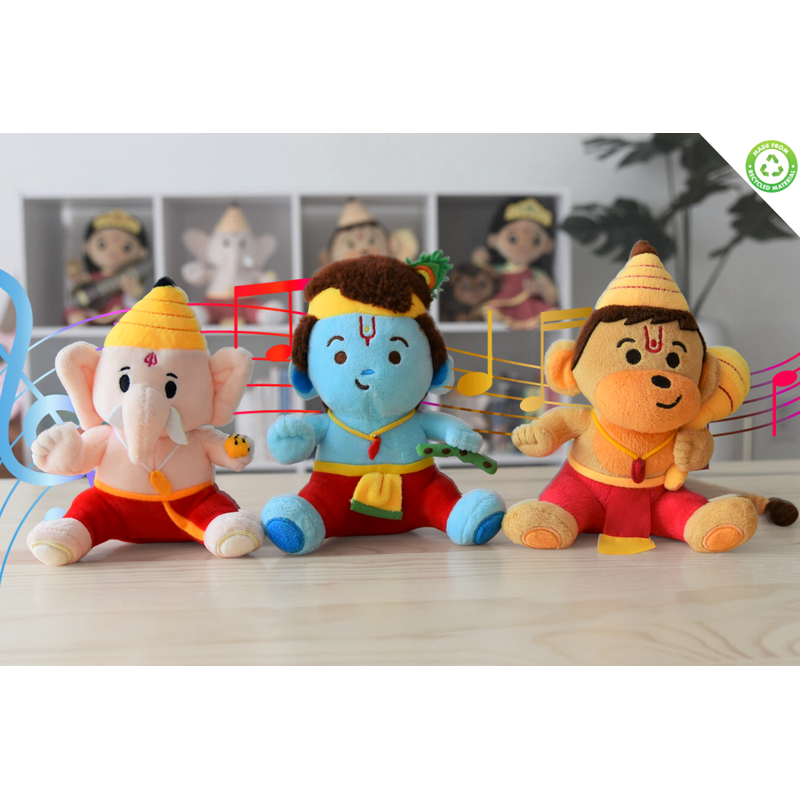 Set of 3 Mini Devtas - Mantra Singing Plush Toys | 7 Inch (6 Months - 7 Years)