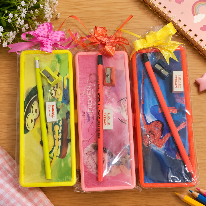 Set of 3 Pencil Boxes with Pencil & Eraser – Assorted Colours & Designs | Stationery Gift Set for Kids | Kanjak Special