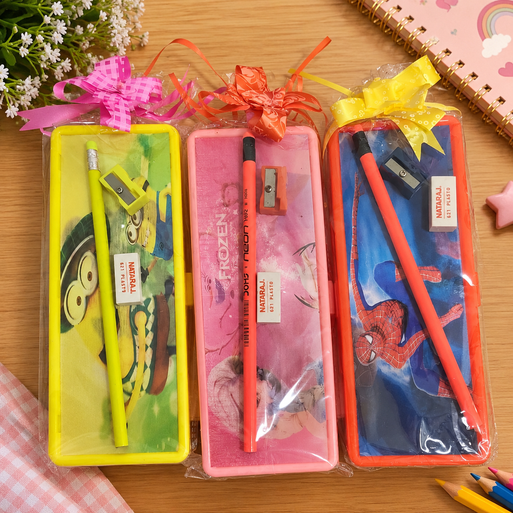 Set of 3 Pencil Boxes with Pencil & Eraser – Assorted Colours & Designs | Stationery Gift Set for Kids | Kanjak Special