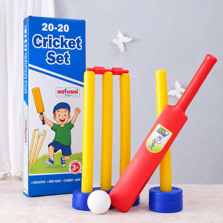 Aayushi 20-20 Cricket Set | 1 Bat, 4 Balls, 4 Stumps, 4 Bails & Base | Indoor & Outdoor Cricket Kit