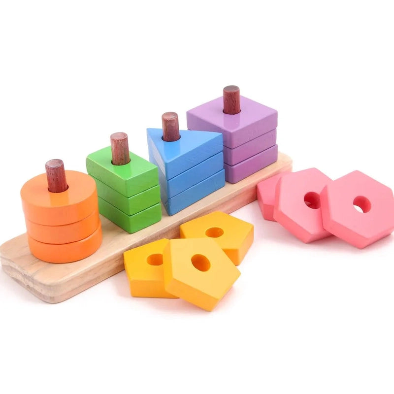 Wooden Shapes Stacker - 4 Shapes  (12pcs) Geometric Stacker Shape Sorter Blocks