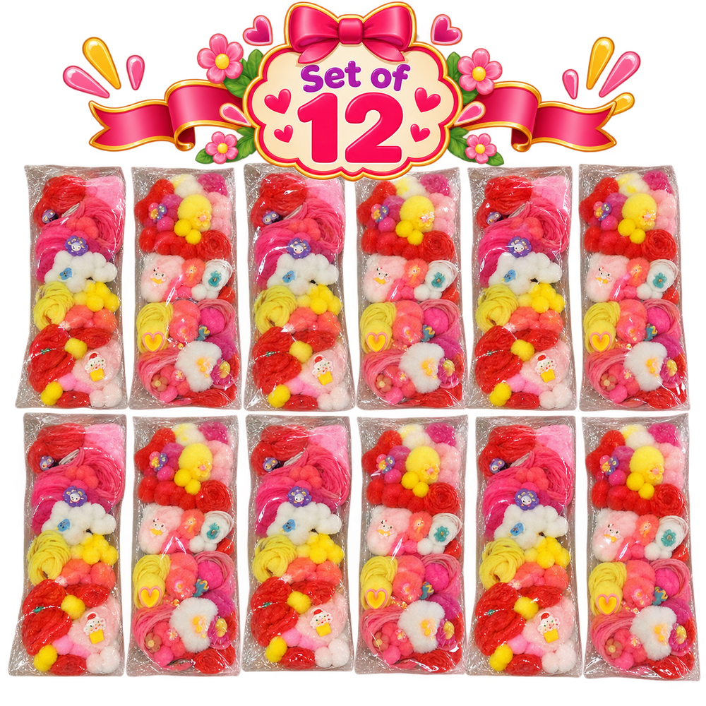 Set of 12 Pom Pom Hair Rubber Bands – Assorted Colour Fluffy Hair Accessories for Girls | Kanjak Special