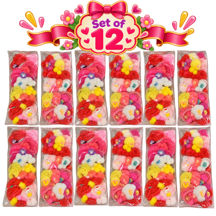 Set of 12 Pom Pom Hair Rubber Bands – Assorted Colour Fluffy Hair Accessories for Girls | Kanjak Special