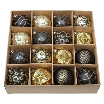Black and Gold Theme Shimmer Christmas Ball Tree Ornaments (16 Pcs)