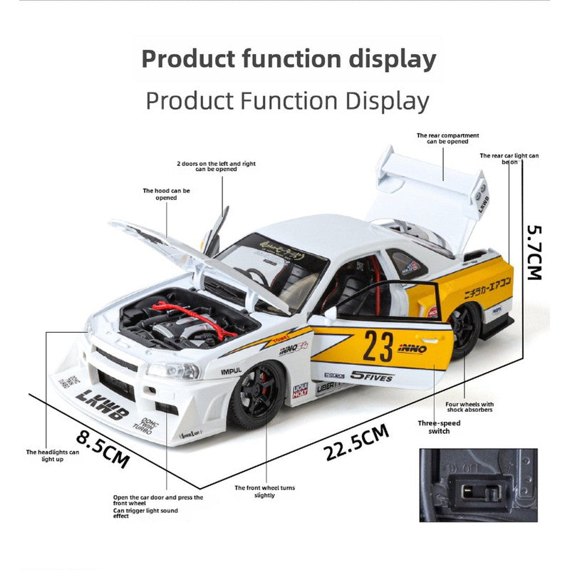 Resembling Lifang Nisan GT R34 Diecast Car with Light & Sound | 1:24 Scale Model (14 Years Till Grown Ups)