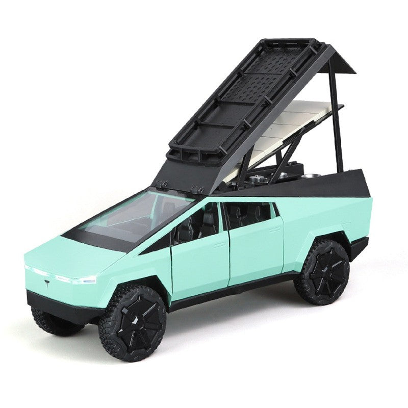 Resembling Tesla Pickup Camping Diecast Car with Openable Roof, Light & Sound | 1:24 Scale Model (14 Years Till Grown Ups)